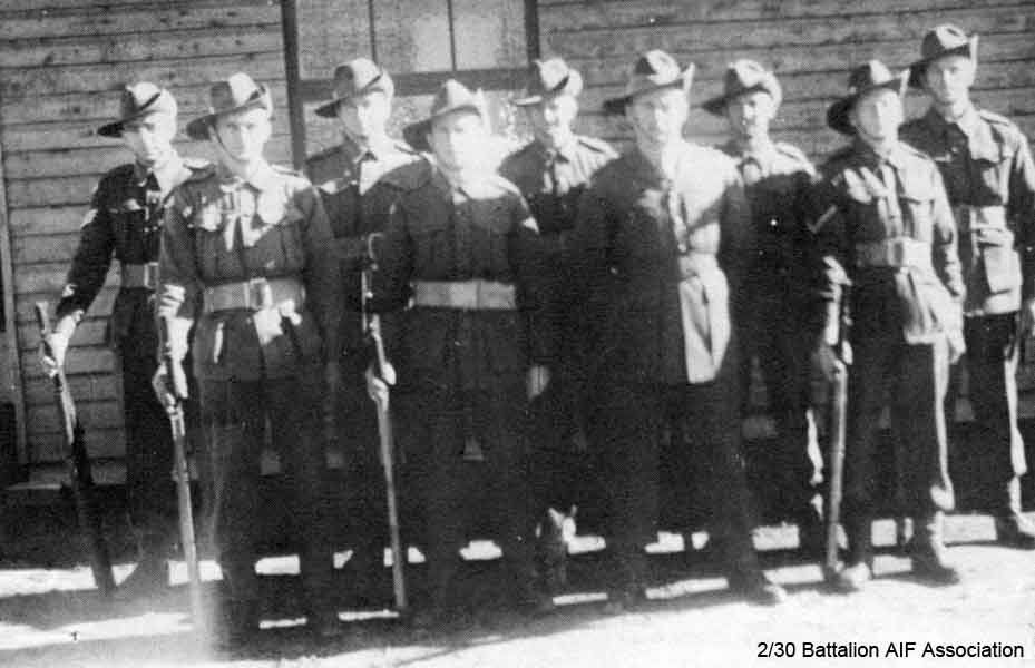 Intelligence Section
At Bathurst in 1941.

Left to right:

Back row:
1) NX46739 - HYSLOP, Andrew (Andy), Lt. - BHQ, Intell.
2) NX33407 - PENFOLD, Alan William, L/Cpl. - BHQ, Intell.
3) NX59591 - PRYCE, John Carron (Ian), Lt. - D Company, O/C 16 Platoon 
4) NX45785 - RAE, James, Pte. (discharged on 15/10/1941)
5) NX57333 - CAMPBELL, Alexander William (Alex), Pte. - BHQ, Intell.

Front row:
1) NX27191 - HUDSON, William Michael Charles (Bill), Pte. - BHQ, Intell.
2) NX59485 - BAYLISS, William Clifford (Cliff), L/Cpl. - BHQ, Intell.
3) NX70442 - CLARKE, George Robert, Lt. - A Company, O/C 8 Platoon
4) NX27443 - CRISPIN, Kenneth Ernest (Ken), L/Cpl. - BHQ, Intell.

Absent:
1) NX55663 - HYEM, Alfred George (Alf), Pte. - BHQ, Intell.
2) NX36791 - HECKENDORF, Erwin Ernest (Curly), Sgt. - BHQ, Intell.
