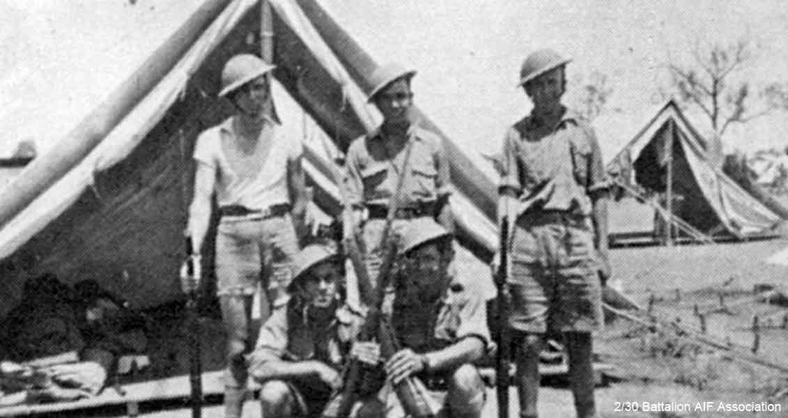 In Tamworth, November 1940
Left to right:

Back row:
1) NX19760 - AUSTIN, Alfred Trevor (Crow or Alf), Pte. - B Coy. 12 Pl. Repatriated 28/11/1941
2) NX29656 - RUSSELL, Harold Edward, Cpl. - B Coy. 12 Pl. Doi Kanu 2 (Dysentery)
3) NX32129 - HODGES, Alfred Edward (Fred or Snowy), Pte. - B Coy. 12 Pl. WiA Gemencheh

Front row:
1) NX29655 - GILL, Edward George Laurence (Blondie or Ted), Pte. - B Coy. 12 Pl. KiA Sungei Mandai
2) NX29116 - BROWN, Raymond John Tresillian (Ray), Pte. - B Coy. 12 Pl. WiA Gemencheh
