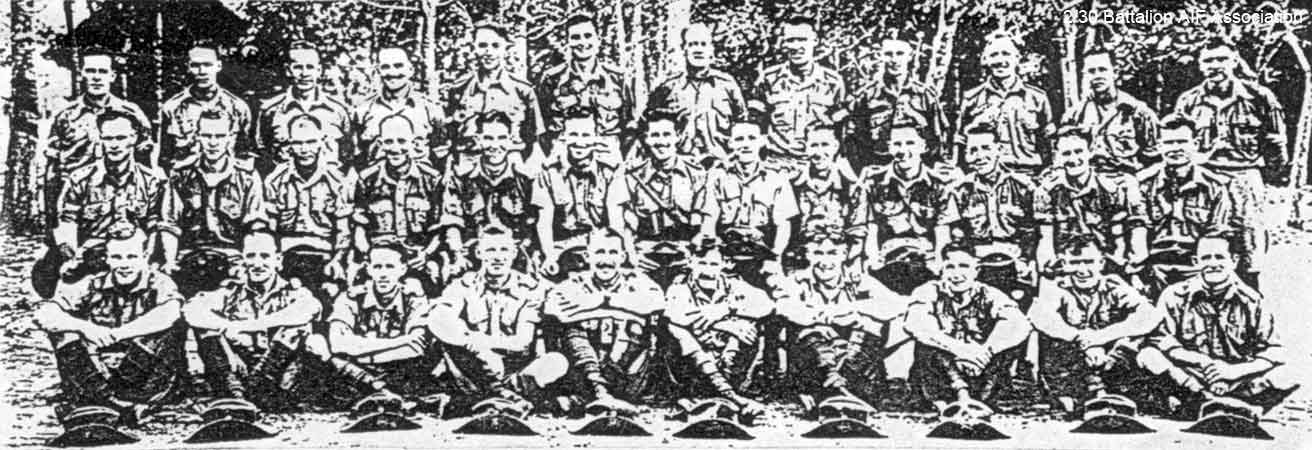 C Company, 15 Platoon
At Batu Pahat in 1941.

left to right:

Back row:
1) NX47004 - ROCKETT, Thomas (Tom), Cpl. - C Company, 15 Platoon
2) NX47544 - SWEENEY, Ronald Lennox (Rogo or Ron), L/Cpl. - C Company, 15 Platoon
3) NX26865 - POPE, John Sidney Malcolm (Jack), Pte. - C Company, 15 Platoon
4) NX26943 - TOPHAM, Frank, Pte. - C Company, 15 Platoon
5) NX54468 - ENNIS, William (Bill), A/Sgt. - C Company, 15 Platoon
6) NX37680 - HOLMAN, Trevor Ian, Pte. - C Company, 15 Platoon
7) NX72575 - CONN, Edward John (Jack), Pte. - HQ Company, Sig. Platoon
8) NX2712 - WEBBER, Harry George, L/Cpl. - C Company, 15 Platoon
9) NX54449 - JONES, George Francis McKenzie (Frank), A/L/Cpl. - C Company, 15 Platoon
10) NX36510 - COX, Allan Ray, Pte. - C Company, 15 Platoon
11) NX47542 - SMALL, Mervyn Lindsay (Jimmy), Pte. - C Company, 15 Platoon
12) NX47871 - WALLIS, Edmund Winston (Punter or Bill), Pte. - C Company, 15 Platoon

Centre row:

1) NX16090 - DENTON, Cyril Roy (Tom), Pte. - C Company, 15 Platoon
2) NX37616 - DICKINSON, Archibald James (Arch), Pte. - C Company, 15 Platoon
3) NX47011 - PURSE, Frederick William (Fred), Pte. - C Company, 15 Platoon
4) NX36493 - HANNA, Rupert Clyde (Rube), Cpl. - C Company, 15 Platoon
5) NX26185 - BUTT, Frederick George (Fred), A/Sgt. - C Company, 15 Platoon
6) NX55473 - O'DONNELL, Colin Squire (Col), Sgt. - C Company, 15 Platoon
7) NX70690 - CLAYTON, Hedley Stanley (Basher Bill), Lt. - C Company, O/C 15 Platoon
8) NX29283 - JENNINGS, Edward Henry (Ted), Sgt. - C Company, 15 Platoon
9) NX47466 - REILLY, Arthur William, Pte. - C Company, 15 Platoon
10) NX7248 - MAY, Frederick George (Fred), Pte. - C Company, 15 Platoon
11) NX36377 - RANDLE, Francis George Edward (Frank), Pte. - C Company, 15 Platoon
12) NX59062 - BUTT, Edward William Bartlett (Ted), Cpl. - C Company, 15 Platoon
13) NX36301 - GRIFFITHS, Albert (Nookie), Pte. - C Company, 15 Platoon

Front row:

1) NX4337 - TAYLOR, Blair, Pte. - C Company, 15 Platoon
2) NX47456 - ROWE, Aubrey Nelson (Jack or Aub), A/Cpl. - C Company, 15A Platoon
3) NX50333 - NUGENT, Mervyn Cecil (Merv), A/U/Cpl. - C Company, 15 Platoon
4) NX51270 - TUNBRIDGE, Thomas Alfred (Tom), Pte. - C Company, 15 Platoon
5) NX46643 - REARDON, Francis William (Frank), Pte. - C Company, 15 Platoon
6) NX47009 - QUIRK, William George (George), Pte. - C Company, 15 Platoon
7) NX71408 - CAMERON, Hugh James John, Pte. - C Company, 15 Platoon
8) NX36532 - FOWLER, Keith Allen (Chook), Pte. - C Company, 15 Platoon
9) NX36487 - STEVENS (Stephens), Thomas (Tom), Pte. - C Company, 15 Platoon
10) NX47008 - SILVER, Frank Michael, Pte. - C Company, 15 Platoon

Missing:

1) NX24742 - CHIPPS, Ronald Lawrence (Ron), Pte. - C Company, 15 Platoon
2) NX33725 - SANDS, Richard Arthur, Pte. - C Company, 15 Platoon
3) NX41568 - DINGWELL, John Herbert Albert (Jack), Pte. - A Company, 7 Platoon; C Company, 13 and 15A Platoon
4) NX42647 - KIRCHLER, Paul Sydney (Sid), Pte. - C Company, 15 Platoon
5) NX10888 - LAWTY, Edwin (Ted), Pte. - C Company, 15 Platoon

Keywords: NX7248MAY