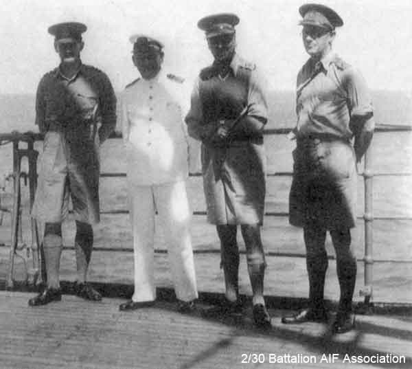 On the way to Singapore
Left to right:
1) NX76207 - PEACH, Francis Stuart Banner (Stuart), Col. - BHQ, Adjutant 
2) Capt. Van der Laan, Ship's Captain
3) NX70416 - GALLEGHAN (Sir), Frederick Gallagher (Black Jack), Brig. - BHQ, CO. 2/30 Bn.
4) NX34706 - RAYSON, Hugh, Major - 2/10 Field Ambulance - Medical Officer in charge
