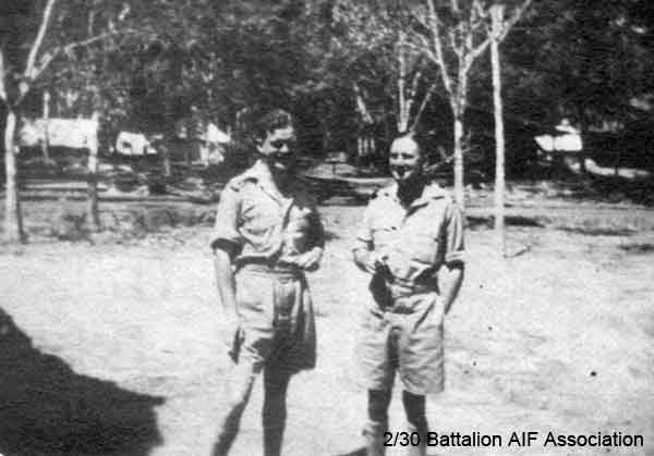 At Batu Pahat
Left to right:
1) NX70453 - TAYLOR, John Lindsay, Capt. - BHQ, M.O.
2) NX34999 - RAMSAY, George Ernest (Gentleman George), Lt. Col. - BHQ, CO. 1942
