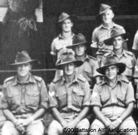Officers and NCO's, A Company - Part 1
"A " Company Officers and NCO's at Batu Pahat Camp, November 1941.

Left to right:

Back row:
1) NX30772 - SIMPSON, John Francis (Curly or Jack), A/Cpl. - A Coy. 9 Pl. WiA Gemas
2) NX27550 - WILSON, David Royce (Doc), A/Cpl. - A Coy. 9 Pl.

2nd row:
1) NX31018 - BRENNAN, Vincent Joseph (Vince), Pte. - A Coy. 9 Pl. WiA Gemas, Rep 10/2/1942
2) NX26921 - RYAN, Francis Ulric (Frank), Cpl. - A Coy. 9 Pl.

Front row:
1) NX32388 - RICKWOOD, Garrett George (Garry), A/S/Sgt. - D Coy. Pl.
2) NX34400 - ROBERTSON, Stuart Wilkinson, Sgt. - A Coy. 8 Pl. MiD
3) NX66652 - JOHNSTON, Bruce Hutton (Bull Frog), A/WO2 - A Coy. 7; CSM Pl. Doi Kanu 2 (Cholera)

