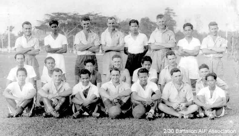 A Company Soccer Team
Taken near our camp "somewhere in Malaya", October, 1941

Left to right:

Back row (standing):
1)
2)
3)
4)
5)
6) [url=http://www.230battalion.org.au/NominalRoll/Search/index.php?table_name=230nominalroll&function=details&where_field=fldIdent&where_value=1299] NX27550 - WILSON, David Royce (Doc), A/Cpl. - A Company, 9 Platoon [/url] 
7)
8)

Middle row:
1)
2)
3)
4)
5)
6)
7)

Front row:
1)
2)
3)
4)
5)
6)
7)

Keywords: ACompanySoccerTeam