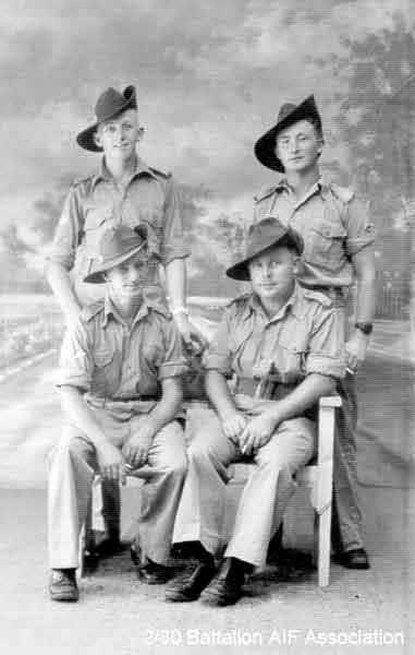 Batu Pahat
At Mar Lee Studios in Batu Pahat, in October 1941.

Left to right:

Back row:
1) NX27550 - WILSON, David Royce (Doc), A/Cpl. - A Company, 9 Platoon
2) NX30642 - TAIT, Francis Earl (Earl or Snowy), Cpl. - A Company, 9 Platoon

Front row:
1) NX30772 - SIMPSON, John Francis (Curly), A/Cpl. - A Company, 9 Platoon
2) NX30732 - FLETCHER, Joseph (Joe), Pte. - A Company, 9 Platoon
