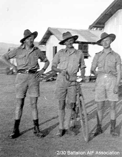 Bathurst Army Camp
Left to right:

1) NX27550 - WILSON, David Royce (Doc), A/Cpl. - A Company, 9 Platoon
2)
3) NX30642 - TAIT, Francis Earl (Earl or Snowy), Cpl. - A Company, 9 Platoon
