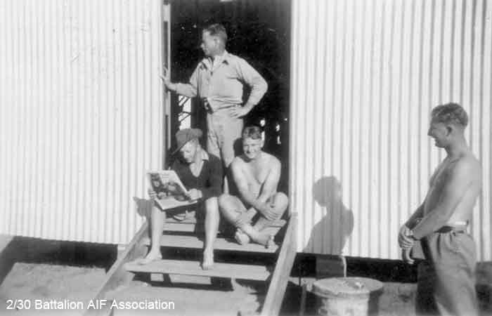 Bathurst Army Camp
At Bathurst Army Camp in 1941.

Left to right:

1) NX27550 - WILSON, David Royce (Doc), A/Cpl. - A Company, 9 Platoon
2) NX31671 - SOMERVILLE, James (Jim), Pte. - A Company, 9 Platoon
3) NX47952 - VEIVERS, Charles Thomas (Joe), Pte. - A Company, 9 Platoon
4) NX30642 - TAIT, Francis Earl (Earl), Cpl. - A Company, 9 Platoon
