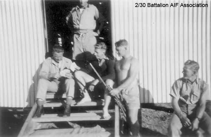 Bathurst Army Camp
At Bathurst Army Camp in March, 1941.

Left to right:

1) NX31671 - SOMERVILLE, James (Jim), Pte. - A Company, 9 Platoon
2) NX71860 - NOAKES, Alfred Charles (Alf), Pte. - HQ Company, Mortar Platoon
3) NX27550 - WILSON, David Royce (Doc), A/Cpl. - A Company, 9 Platoon
4) NX47952 - VEIVERS, Charles Thomas (Joe), Pte. - A Company, 9 Platoon
5) NX46443 - McFARLANE, Cyril Keith, Pte. - A Company, 9 Platoon
