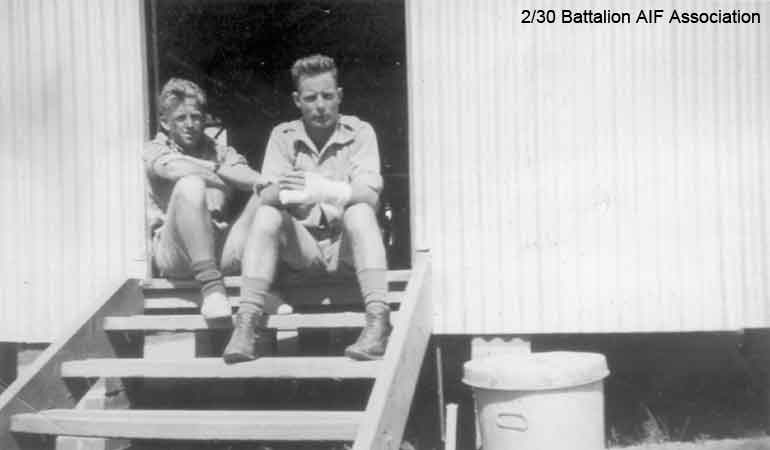 Bathurst Army Camp
At Bathurst Army Camp in June, 1941.

Left to right:

1) NX27550 - WILSON, David Royce (Doc), A/Cpl. - A Company, 9 Platoon
2) NX31047 - O'CONNELL, James (James Patrick) (Paddy or Jim), Pte. - A Company, 9 Platoon

