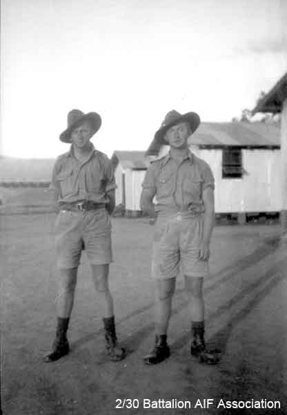 Bathurst Army Camp
At Bathurst Army Camp.

Left to right:

1) NX27550 - WILSON, David Royce (Doc), A/Cpl. - A Company, 9 Platoon
2) NX30642 - TAIT, Francis Earl (Earl or Snowy), Cpl. - A Company, 9 Platoon
