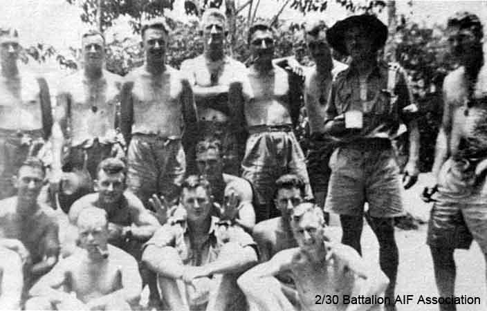 Carrier Platoon
Carriers rear party at Birdwood Camp, September, 1941.

Left to right:

Back row:
1) NX66000 - HASKINS, John (Massa), Sgt. - HQ Company, Carrier Platoon
2) NX20450 - MASON, Peter, Cpl. - HQ Company, Carrier Platoon
3) VX15674 - OLLIS, John Newton, Pte. - HQ Company, Carrier Platoon
4) NX31010 - AMBROSE, Robert (Bob or Lofty), Sgt. - HQ Company, Carrier Platoon
5) NX27235 - CROSS, Arthur Henry William, Cpl. - HQ Company, Carrier Platoon
6) NX4406 - HUGHES, Anthony Milton, Pte. - HQ Company, Carrier Platoon
7) NX12542 - TOMPSON, Richard Clive (Dick), Capt. - HQ Company, O/C Carrier Platoon
8) NX47557 - ROBERTS, William (Bill), Pte. - HQ Company, Carrier Platoon

Middle row:
1) NX30290 - PLEWS, Cecil (Cec), Sgt. - HQ Company, Carrier Platoon
2) NX47691 - DICKSON, Robert A. (Bob), A/Cpl. - HQ Company, Carrier Platoon
3) NX20447 - MASON, Joseph (Joe), Pte. - HQ Company, Carrier Platoon
4) NX47651 - STAADER, Arthur Edward, Pte. - HQ Company, Carrier Platoon

Front row:
1) NX27140 - BARNES, Henry Leonard (Baldy or Len), Cpl. - HQ Company, Carrier Platoon
2) NX4383 - PENBERTHY, Ronald Alfred Parker (Ron), Pte. - HQ Company, Carrier Platoon
3) NX2111 - COOMBES, Frank James, Pte. - HQ Company, Carrier Platoon
Keywords: Makan266