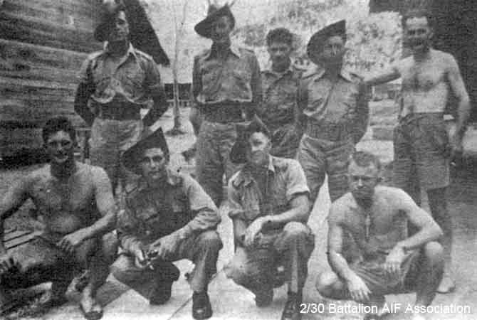 Signal Platoon
At Birdwood Camp on 7/9/1941.

Left to right:

Back row:
1) NX65486 - QUINTAL, Laurie Patterson, Pte. - HQ Company, Signals Platoon
2) NX30495 - MOORE, Frank Montague (Baldy), Cpl. - HQ Company, Signals Platoon
3) NX2719 - COTTER, Percy Augustine, Pte. - HQ Company, Signals Platoon
4) NX55172 - PHILLIPS, Clarence James (Tankie), Pte. - HQ Company, Signals Platoon
5) NX67315 - DUNCOMBE, Raymond Stewart (Barber or Ray), Pte. - HQ Company, Signals Platoon

Front row:
1) NX32505 - STARR, Walter Edwin (Wally), Pte. - HQ Company, Signals Platoon
2) NX67449 - JOHNSON, Robert William (Togo or Bob), Cpl. - HQ Company, Signals Platoon
3) NX45299 - POWYS, Edwin Lisle, Pte. - HQ Company, Signals Platoon
4) NX46196 - DAVISON, Robert Shaw (Scotty), Pte. - HQ Company, Signals Platoon
Keywords: Makan266 NX2719_COTTER