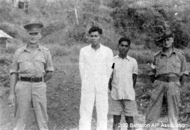 Batu Pahat Mine
At the mine behind the town of Batu Pahat in 1941.

Left to right:
1) NX26295 - DAWSON, Leonard Percy (Gobble Gobble), WO2 - HQ Company, CSM
2) Sgt. SULAIMEN (Johore Force)
3) Indian Mine Engineer
4) NX34437 - MITCHELL, James   (Jim), S/Sgt. - HQ Company, CQMS
Keywords: Makan266