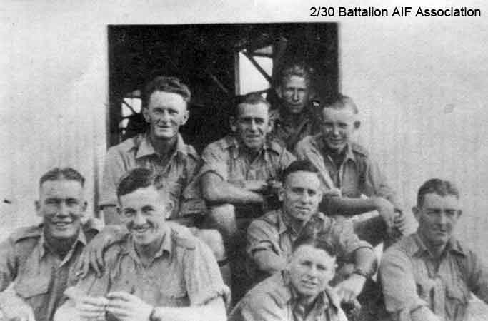 B Company, 11 Platoon
At Bathurst in 1941.

Left to right:

Back row:
1) NX36597 - DOOLAN, Amos Anthony (Mossy), Sgt. - B Company, 11 Platoon
2) NX59065 - MULLIGAN, Clive Frederick (Smiler), L/Cpl. - B Company, 11 Platoon
3) (at rear)
4) NX33271 - CHAMBERS, Douglas Raymond Norman (Doug), Pte. - B Company, 11 Platoon

Front row:
1) NX26829 - WILLDING, Norman Eric (Norm), Cpl. - B Company, 11 Platoon
2) NX25334 - FOSTER, Robert William (Bob), Pte. - B Company, 11 Platoon
3) NX26712 - COCHRANE, John Reuben (Joe), Pte. - B Company, 11 Platoon (behind Jack Fell)
4) NX27503 - FELL, John Joffre (Jack), A/Cpl. - B Company, 11 Platoon (in front of John Cochrane)
5) ? - HUTCHINSON
Keywords: Makan267