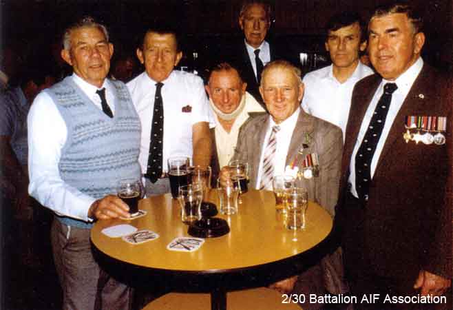 Anzac Day, Sydney, 1986
"A nice bunch of A's"

Left to right:
1) NX26692 - BLOMFIELD, Alfred Lindsay (Curly), L/Cpl. - A Company, 8 Platoon
2) NX27550 - WILSON, David Royce (Doc), A/Cpl. - A Company, 9 Platoon
3) NX26196 - SCOTT, Walter John (Wally), Pte. - A Company
4) NX54846 - ARNEIL, Stanley Foch (Horse or Stan), Sgt. - A Company, 7 and 8 Platoon (at rear)
5) NX50128 - CAMPBELL, Robert Gordon (Heck), Pte. - A Company, 8 Platoon
6) Brian WILLIAMS (son of NX78041 - WILLIAMS, George Frederick (Snow), Pte. - A Company, 8 Platoon)
7) NX47865 - WARD, Kevin James, Pte. - A Company, 8 Platoon
Keywords: 070211 AnzacDay1986