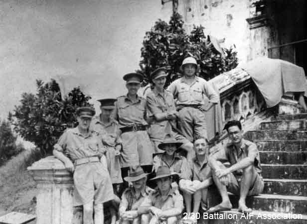 X1 Tunneling Party, Johore
Officers and Japanese guards attached to X1 Tunneling Party in Johore in 1945.

Left to right (standing):

1)
2)
3) NX34792 - DUFFY, Desmond Jack (Mum or Des), Capt. - O/C B Company
4)
5)

Seated:
1) 
2)
3)
4)
5)
Keywords: 070506