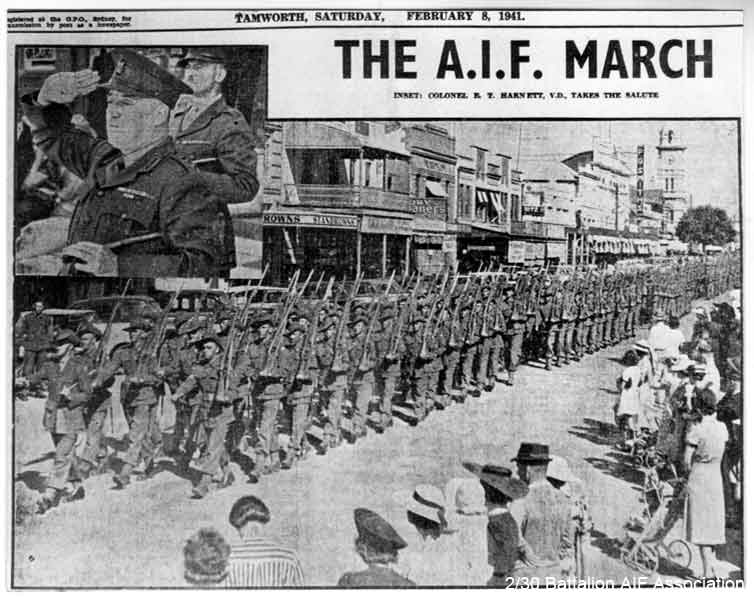 Tamworth
Unit march in Tamworth on 7/2/1941. NX102736 - Colonel Edward HARNETT takes the salute.

Published in The Northern Daily Leader, Tamworth on 8/2/1941.
Keywords: 070506