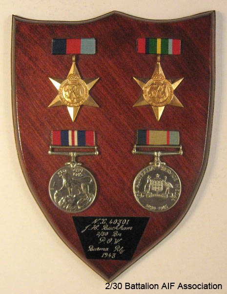Medals - NX40301 - Cpl. Jack BUCKHAM
Medals awarded to Cpl. Jack BUCKHAM.

NX40301 - BUCKHAM, John Hope, Cpl. - HQ Company, Transport Platoon

Left to right:

Top:
1) 1939-45 Star
2) Pacific Star

Bottom:
3) War Medal 1939-45
4) Australia Service Medal 1939-45

NX40301
J.H. Buckham
2/30 Bn
P.O.W.
Burma Rly
1943
Keywords: 080601a