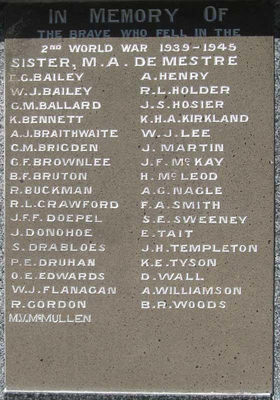 Cenotaph, Bellingen
Memorial Panel on the Cenotaph in Bellingen, NSW.

In memory of the brave who fell in  the 2nd World War 1939-1945

1) NX70211 - DE MESTRE, MARGARET AUGUSTA, Sister - 2/1 Hospital Ship, died 19 Feb 1942
2) NX45627 - BAILEY, EDWARD GODFREY, Corporal - 22 Aust Coy AASC, died 5 Jun 1945
3) NX46624 - BAILEY, WILLIAM JOSEPH, Private - 2/30 Australian Infantry Battalion, died 12 May 1944
4) NX38427 - BALLARD, GARNETT MAXWELL, Private - 2/10 Field Ambulance, died 23 Mar 1945 
5) 37471 - BENNETT, WILLIAM KEITH, Pilot Officer, Distinguished Flying Cross - 69 Squadron, died 24 Mar 1945
6) N166645 - BRAITHWAITE, HENRY JAMES, Corporal - 102 Australian General Hospital, died 2 May 1945
7) 411439 - BRIGDEN, CLIFTON MCLEAY, Flight Sergeant - 51 Squadron, died 27 Apr 1943
8) NX46612 - BROWNLEE, GEOFFREY FREDERICK , Bombardier - 2/15 Field Regiment, died 11 Jul 1945
9) NX79889 - BRUTON, BERNARD FREDERICK, Corporal - 2/12 Australian Infantry Battalion, died 6 Jan 1943
10) NX133947 (N162292) - BUCKMAN, RUSSELL, Private - 65 Bulk Issue Petrol and Oil Depot, died 16 Jun 1945
12) NX43781 - CRAWFORD, RAY LAWRENCE, Private - 2/18 Australian Infantry Battalion, died 9 Feb 1942
13) 412925 - DOEPEL, JOHN FREDRICK FRANCIS, Flight Sergeant - 6 OTU Jervis Bay, died 17 Jan 1944
14) DONOHOE, J.
15) NX41437 - DRABLOES, SIGURD, Private - HQ 8 Div AASC, died 21 Jul 1943
16) NX25702 - DRUHAN, PERCY EDWARD, Private - 26 Australian Infantry Battalion, died 6 Mar 1945
17) NX98034 - EDWARDS, OSWALD ALEXANDER, Private - 114 Convalescent Depot, died 12 Dec 1943
18) NX68859 - FLANAGAN, WESLEY JOHN, Private – Rose Force, 2/20 Australian Infantry Battalion, died 9 Jun 1945
19) N161915 - GORDON, RUSSELL HENRY, Private - 2 BN NSW VDC, died 26 May 1943
20) NX155319 (N160540) - MCMULLEN, MICHAEL VINCENT, Private - 29/46 Australian Infantry Battalion, died 8 Dec 1943
21) NX46882 - HENRY, ANDREW, Private – ARTY, died 8 Oct 1940
22) NX26237 - HOLDER, RICHARD LLOYD, Corporal - 2/20 Australian Infantry Battalion, died 10 Feb 1942
23) 420388 - HOSIER, JOHN STANLEY, Flight Sergeant, Distinguished Flying Medal - 460 Squadron, died 10 Apr 1944 
25) 412972 - KIRKLAND, KENNETH HERBERT WILLIAM, Pilot Officer - 106 Squadron, died 30 Jan 1944
26) NX15468 - LEE, WALTER JAMES, Private - 2/1 Australian Infantry Battalion, died 25 Apr 1941
27) 23503 - MARTIN, JAMES FRANCIS, Flight Sergeant - 21 Operational Training Unit, died 11 Feb 1944
28) NX107113 (N160538) - MCKAY, JOHN FRANCIS, Private - 2/9 Australian Infantry Battalion, died 12 Jan 1943
29) NX1600 - MCLEOD, HERBERT LESLIE, Corporal - 2/2 Australian Infantry Battalion, died 3 Jan 1941
30) NX47951 - NAGLE, ATHOL GERVASE, Lance Sergeant - 2/30 Australian Infantry Battalion, died 14 Jan 1942
32) N16273 - SMITH, FRANK ARTHUR, Corporal - 55/53 Australian Infantry Battalion, died 7 Dec 1942
33) NX47352 - SWEENEY, SIDNEY EDGAR, Private - 2/12 Field Ambulance, died 14 May 1943
34) NX30642 - TAIT, FRANCIS EARL, Private - 2/30 Australian Infantry Battalion, died 23 Nov 1943
35) NX1255 - TEMPLETON, JOHN HENRY, Private - 2/18 Australian Infantry Battalion, died 11 Feb 1942
36) NX58490 - TYSON, KEITH ERNEST, Private - 2/19 Australian Infantry Battalion, died 22 Jan 1942
37) NX13640 - WALL, DONALD DOUGLAS, Private - 2/4 Australian Infantry Battalion, died 27 Jan 1941
38) N290468 - WILLIAMSON, ARCHIBALD SUTTON FEENEY, Signalman - 1 Signals Training Battalion, died 23 Aug 1942
39) NX47835 - WOODS, BRIAN ROBERT, Private - 2/30 Australian Infantry Battalion, died 3 Dec 1943
Keywords: 090119a