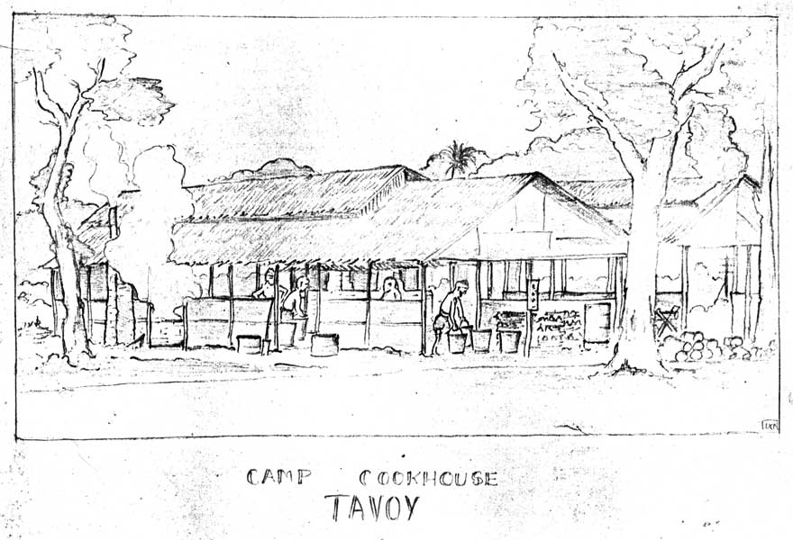 Tavoy, Burma
The Camp cookhouse at Tavoy.

Sketch by NX46619 - Cpl. John Donald KORSCH - C Company, 14 Platoon.
Keywords: 090215b