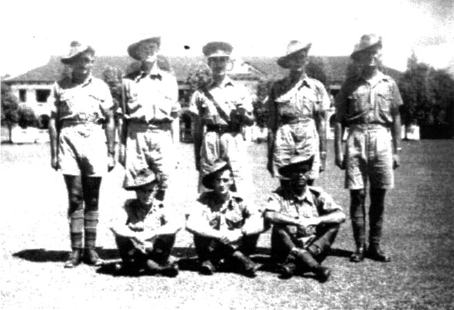 Defence Platoon
Left to right (standing):
1) 
2) NX65157 - MCLELLAN, Ronald George (Ron), WO2 - HQ 27 BDE
3) NX20466 - GARNER, Albert Mckinnon (The Don), Lt. - B Company, 10 Platoon (transferred to 27 Bde on 29/9/1941)
4) NX32924 - PERKINS, William Russell (Russ), Sgt. - B Company, 12 Platoon (transferred to 27 Bde 7/10/1941)
5) QX21371 - ANNING, Neville Gordon, Cpl. - HQ 27 BDE

Left to right (sitting):
1)
2)
3)


Keywords: 091012b
