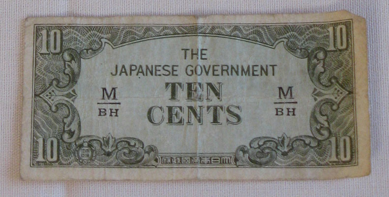 Japanese money
Ten cent note used during the Japanese occupation of Singapore, Malaysia, and South East Asia.
Keywords: 100214c NX32306