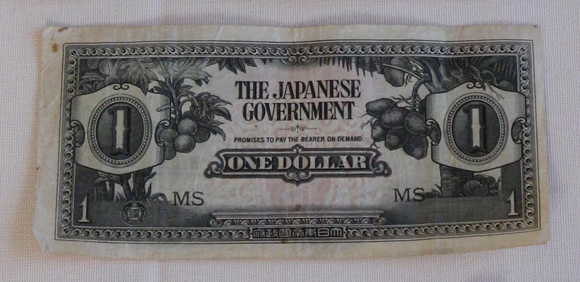 Japanese money
One dollar note used during the Japanese occupation of Singapore, Malaysia, and South East Asia.
Keywords: 100214c NX32306