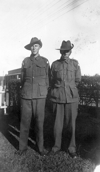 "Legs" Hall and friend
Left to right:

1) Unknown
2) NX2174 - HALL, Walter Edward (Legs), Pte. - B Company, 10 Platoon 
Keywords: 20101027a