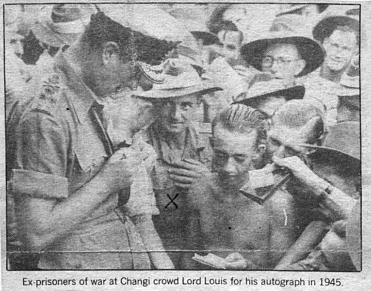 Changi, 1945
"Ex-prisoners of war at Changi crowd Lord Louis for his autograph in 1945."

Standing next to Lord Louis Mountbatten is Dave Clarke, a member of the 2/30 Battalion.

NX33582 - CLARKE, David Tracey (Dave), Pte. - C Company, 13 Platoon
Keywords: 20101113b