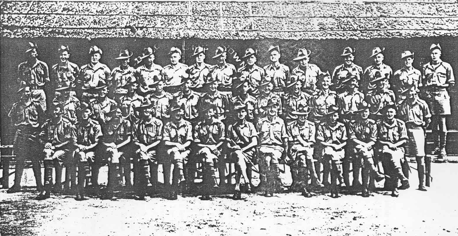 D Company, 18 Platoon
"D" Company, 2/30 Battalion AIF at Batu Pahat, Malaya, November, 1941.

Back row: left to right
1) ?? NX10272 - CAREY, Phillip Francis (Phil), Pte. - HQ Company, Mortar Platoon
2) NX37732 - PHILLIPS, Ernest William (Ernie), Pte. - D Company, 18 Platoon
3) NX47809 - VIDLER, George Thomas, Pte. - D Company, 18 Platoon
4) NX25857 - DAINTON, William Henry (Bill), Pte. - BHQ, Cook, D Company 
5) NX47342 - NEWTON, William Henry Andrew (Bill), Pte. - D Company, 18 Platoon
6) ?? NX59775 - PRATT, Bruce Manning, Pte. - D Company, 18 Platoon (possibly)
7) ?? NX41360 - WHITE (Rhodes-White), Robert Rhodes (Robert), Cpl. - D Company, 18 Platoon
8) ?? NX47304 - WELCH, Leslie Myrven (Les), Pte. - HQ Company, Signals Platoon
9) ??
10) NX47322 - GRIFFIS, Henry Alfred (Poly), Pte. - D Company, 18 Platoon
11) ??
12) NX47505 - MORGAN, Gordon Russell (Tommy), Pte. - D Company, 18 Platoon
13) NX47833 - WEST, Jack Sydney (Jackie), Pte. - D Company, 18 Platoon
14) NX47765 - ALCORN, Andrew Carson (Andy), Pte. - D Company, 18 Platoon
15) NX47750 - BRACE, Albert Ernest (Snowy), Pte. - D Company, 18 Platoon


Middle row: left to right
14) NX2536 - UPCROFT, Ernest Bruce (Bruce), Pte. - D Company, 18 Platoon
15) NX47652 - BEATTIE, Robert George (Bob), Pte. - D Company, 18 Platoon
16) NX47845 - OLLEY, Alexander George (Dadda or Alex), Pte. - D Company, 18 Platoon
17) NX47700 - ALEXANDER, Ronald Norrie Lyle (Ron), Pte. - D Company, 18 Platoon
18) NX47185 - OLDKNOW, Norman Dallas (Dal), Pte. - D Company, 18 Platoon
19) NX51831 - GALBRAITH, William Martin (Bill), Pte. - D Company, 18 Platoon
20) NX51660 - CAREY, John Peter (Jack), Pte. - D Company, 18 Platoon
21) NX60594 - STUART, Lloyd Thomas, Pte. - D Company, 18 Platoon
22) NX47597 - HOGAN, Martin Leo (Leo), Pte. - D Company, 18 Platoon
23) QX21939 - WHYATT, Lesly, Pte. - D Company, 18 Platoon
24) NX47685 - WELLS, Robert Frederick (Hook or Bob), Pte. - D Company, 18 Platoon
25) NX47570 - ROSS, William Maxwell (Max), Pte. - D Company, 18 Platoon
26) NX47759 - JOHNSTON, George Evan (Joe), Pte. - D Company, 18 Platoon
27) NX47271 - ELLIOTT, Lawrence (Bill), Pte. - D Company, 16 Platoon

Front row: left to right
28) NX47320 - GODBOLT, Harold, Pte. - D Company, 18 Platoon
29) NX47319 - GODBOLT, Raymond Cecil (Ray), Pte. - D Company, 18 Platoon
30) NX2721 - HADLEY, John Martin, Pte. - D Company, 18 Platoon
31) NX58219 - GLOVER, Leslie Clive, L/Cpl. - D Company, 18 Platoon
32) NX36202 - BROWN, William Henry (Bill), Sgt. - D Company, 18 Platoon
33) NX27762 - HUDSON, Allan Edwin Stirling, Lt. - C Company 
34) NX70443 - HENDY, Leonard Frank Graham (Len), Lt. - D Company, O/C 18 Platoon
35) NX41262 - HICKSON, Brian Murray Prior, Cpl. - D Company, 18 Platoon
36) NX35581 - LANGLEY, Roland (Ron), Cpl. - D Company, 18 Platoon
37) NX47774 - NEWTON, Earl Spencer, Cpl. - D Company, 18 Platoon
38) NX41230 - GOLLEDGE, Robert Charles (Red or Charlie), Cpl. - D Company, 18 Platoon
39) NX58315 - BAXTER, Leslie James (Les), Pte. - D Company, 18 Platoon


Keywords: 20131118b