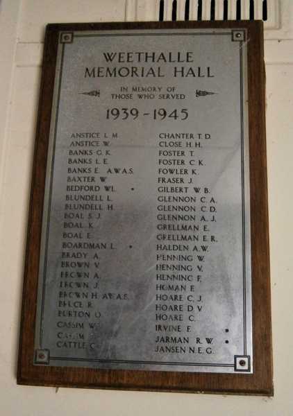 Weethalle War Memorial Hall - Memorial Plaque (WW2 - A to J)
The Weethalle War Memorial Hall plaques, which commemorate all those from the district who served in various conflicts.

Members of the 2/30th listed on the plaques are:
1) NX37300 - Pte. Valentine Alfred William HENNING
2) NX36483 - Pte. Harry Blanch WEISS

Val Henning's brothers are also listed on the memorial:
1) N6338 Pte. Walter Joseph Edward HENNING, 2 Australian Independent Farm Platoon
2) RAAF 131038, Leading Aircraftman - Francis Henry Thomas “Frank” HENNING, 12th Squadron
Keywords: Weethalle, NX37300