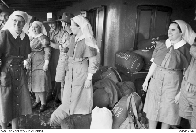 Arriving in Singapore
Members of the Australian Army Nursing Services (AANS) and 2/10 Field Ambulance prepare to disembark from Johan Van Oldenbarnevelt (HMT FF), part of Convoy US11B.

One of the haversacks in the background belongs to:
1) NX47206 - MATTHEWS, Lindsay Norman, L/Cpl. - 2/10 Field Ambulance.

L/Cpl. Matthews sailed from Sydney on 29/7/1941, on board Johan Van Oldenbarnevelt (HMT FF) (Source: NAA: B883, NX47206)
Keywords: 20131118a Johan