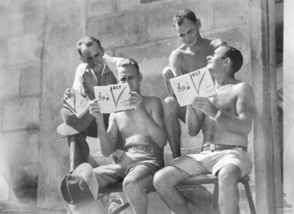 Changi, Singapore, 19/9/1945
Australian War Memorial caption reads:
CHANGI, SINGAPORE. 1945-09-19. MEMBERS OF 8TH DIVISION, EX-PRISONERS OF WAR OF THE JAPANESE, READING THE VICTORY COPY OF THE AUSTRALIAN ARMY MAGAZINE `SALT' WHILE WAITING FOR TRANSPORT FOR THE JOURNEY BACK TO AUSTRALIA. IDENTIFIED PERSONNEL ARE:- CORPORAL H. O. WELDON, 2/26TH INFANTRY BATTALION (1); PRIVATE (PTE) L. THORNE, 2/30TH INFANTRY BATTALION (2); PTE A. PRENTICE, 2/29TH INFANTRY BATTALION (3); PTE J. SINCLAIR, 2/26TH INFANTRY BATTALION (4).

1) QX16317 - WELDON, Henry Otto, Cpl. - 2/26 Battalion
2) NX29247 - THORNE, Leslie George, Pte. - 2/30 Bn., HQ Company, Mortar Platoon
3) NX10518 - PRENTICE, Allan James, Pte. - 2/29 Battalion
4) QX14847 - SINCLAIR, James Rodger, Pte. - 2/26 Battalion


Keywords: 100105c