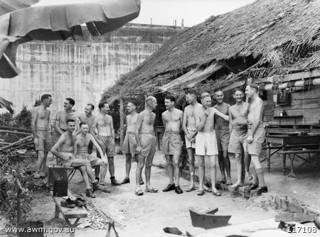 Officers of the 2/29th and 2/30th Battalions, Singapore, 20/9/1945
AWM caption reads:
SINGAPORE, STRAITS SETTLEMENTS, 1945-09-20. OFFICERS OF THE 2/29TH AUSTRALIAN INFANTRY BATTALION AND THE 2/30TH AUSTRALIAN INFANTRY BATTALION, EX-PRISONERS OF WAR OF THE JAPANESE, OUTSIDE ONE OF THEIR PRISON QUARTERS.
Keywords: 100105c
