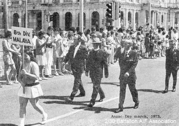 Anzac Day, Brisbane, 1973
Leading the march is Oaddy Walsh.

QX19117 - WALSH, Patrick John (Paddy), Very Reverend Dean, MiD DD - Padre - BHQ
Keywords: Makan246 AnzacDay1973