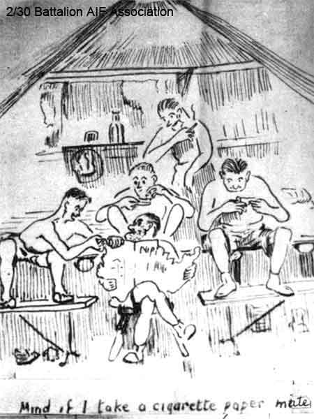 Ted Campbell - sketch 1 of 8
"Mind if I take a cigarette paper mate?"

One of eight sketches drawn by Ted Campbell, HQ Coy in 1944.

NX36677 - CAMPBELL, Edward Stewart (Ted), Pte. - HQ Company, Carrier Platoon
Keywords: Makan246