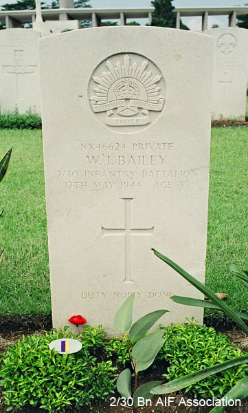 NX46624 - BAILEY, William Joseph (Sawyer Bill), Pte. - HQ Company, Transport Platoon
Kranji War Cemetery, Singapore, Grave 2.E.5

NX46624 Private
W.J. BAILEY
2/30 Infantry Battalion
12th May 1944 Age 35

Duty nobly done
Keywords: NX46624 Kranji