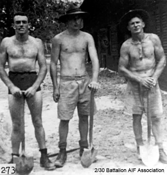 Batu Pahat, October 1941
A little job of navvying around the camp.

Left to right:
1) NX32458 - ALEXANDER, Maxwell Arnold (Max), Cpl. - D Coy. 17 Pl. KiA Mandai Rd.
2) NX46183 - MATTHEWS, John William Simpson (Jack), Pte. - D Coy. 17 Pl. 
3) NX47812 - BAIRD, James Harold (Jim), Pte. - D Coy. 17 Pl. Ex "A" Force; sent from Thailand to Japan after Railway completed; Rakuyo Maru torpedoed and sunk 12/9/1944 by US submarine
