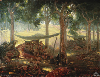 25-pounders in action at Gemas, 15 January 1942
AWM caption reads:
At this stage the guns of "C" Troop, 30th Battery, 2/15th Australian Field Regiment, here depicted, are ahead of the infantry, firing at 300 yards at Japanese advancing through the rubber plantation. A few men of the 2/30th Australian Infantry Battalion, which was deployed in rear of the guns,can be seen in the foreground, Gemas, Malaya.

Artist: Murray GRIFFIN
Keywords: 100105c