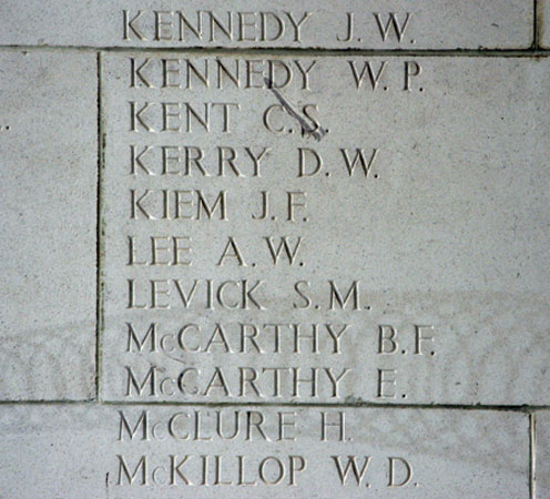 Singapore Memorial, Columns 123 and 124
These panels include the following:

NX55401 - KENT, Charles Sydney, Pte. (3rd Reinforcements 2/19 Bn; taken on strength ex 2/19 Bn ?/2/1942 at the Causeway; killed in action at Causeway on 9/2/1942) 
Keywords: 20120901a