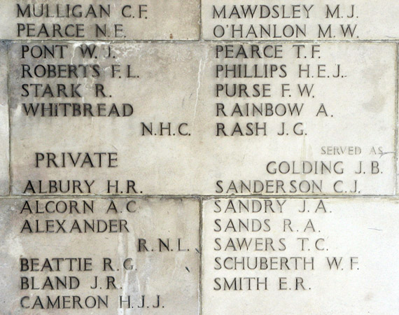 Singapore Memorial, Columns 131 and 132
Left column:

1) NX59065 - MULLIGAN, Clive Frederick (Smiler), L/Cpl. - 2/30 Bn., B Company, 11 Platoon
2) NX31681 - PEARCE, Norman Ede, L/Cpl. - 2/30 Bn., A Company, 7 Platoon
3) NX27349 - PONT, Wallace John (Wally), L/Cpl. - 2/30 Bn., B Company, 10 Platoon
4) NX46116 - ROBERTS, Douglas (Frederick Lionel) (Doug), L/Cpl. - 2/30 Bn., D Company, 16 Platoon
5) NX59092 - STARK, Reginald (Reg), L/Cpl. - 2/30 Bn., C Company, 14 Platoon
6) NX18363 - WHITBREAD, Norman Harold Clement, L/Cpl. - 2/30 Bn., C Company, 13 Platoon
7) NX30000 - ALBURY, Harold Raymond (Ray), Pte. - 2/30 Bn., B Company, 11 Platoon
8) NX47765 - ALCORN, Andrew Carson, Pte. - 2/30 Bn., D Company, 18 Platoon
9) NX47700 - ALEXANDER, Ronald Norrie Lyle, Pte. - 2/30 Bn., D Company, 18 Platoon
10) NX47652 - BEATTIE, Robert George (Bob), Pte. - 2/30 Bn., D Company, 18 Platoon
11) NX25556 - BLAND, Jack Robert (Kiwi), Pte. - 2/30 Bn., B Company, 11 Platoon
12) NX71408 - CAMERON, Hugh James John, Pte. - 2/30 Bn., C Company, 15 Platoon

Right column:

13) NX2732 - MAWDSLEY, Malcolm John (Mal), Pte. - 2/30 Bn., HQ Company, A/A Platoon
14) QX23609 - O'HANLON, Maurice Walter, Pte. - 2/30 Bn., B Company, 10 Platoon
15) NX47566 - PEARCE, Thomas Francis (Tom), Pte. - 2/30 Bn., HQ Company, Transport Platoon
16) QX24153 - PHILLIPS, Harry Edward John, Pte. - 2/30 Bn., C Company, Platoon
17) NX47011 - PURSE, Frederick William, Pte. - 2/30 Bn., C Company, 15 Platoon
18) NX43790 - RAINBOW, Alfred, Pte. - 2/30 Bn., B Company, 11 Platoon
19) NX42596 (NX37812) - RASH, Joshua Golding, Pte.; also known as NX42596 - GOLDING (Rash), Josiah Buddy (J.G.) (Buddy), Pte. - 2/30 Bn., D Company, 18 Platoon
20) NX25744 - SANDERSON, Calvert James, Pte. - 2/30 Bn., HQ Company, Carrier Platoon
21) NX37501 - SANDRY, John Arthur, Pte. - 2/30 Bn., A Company, 7 Platoon
22) NX33725 - SANDS, Richard Arthur (Dick), Pte. - 2/30 Bn., C Company, 15 Platoon
23) NX2735 - SAWERS, Tracy Campbell, Pte. - 2/30 Bn., HQ Company, Carrier Platoon
24) NX2567 - SCHUBERTH, William Forbes (Bill), Pte. - 2/30 Bn., HQ Company, Transport Platoon
25) NX865 - SMITH, Edwin Roy, Pte. - 2/30 Bn.
Keywords: 20120901a