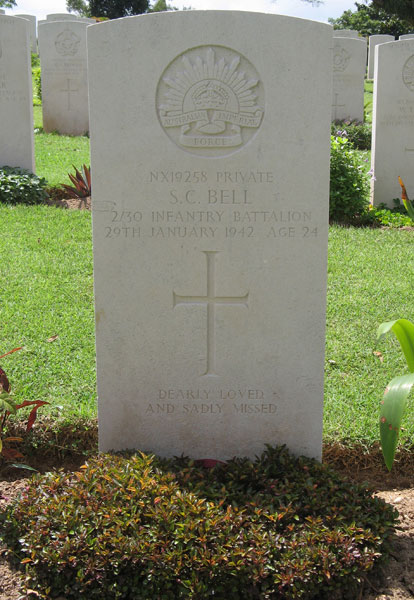 NX19258 - BELL, Samuel Charles (Sammy), Pte. - B Company, 10 Platoon
Kranji War Cemetery, Singapore, Grave 30.B.14

NX19258 PRIVATE
S.C. BELL
2/30 INFANTRY BATTALION
29TH JANUARY 1942 AGE 24

DEARLY LOVED
AND SADLY MISSED

Keywords: 20120901a