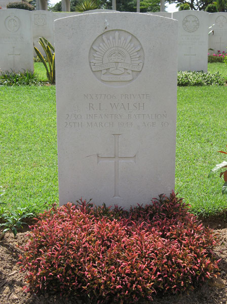 NX37706 - WALSH, Robert Leslie, Pte. - A Company, 7 Platoon
Kranji War Cemetery, Singapore, Grave 2.E.12

NX37706 PRIVATE
R.L. WALSH
2/30 INFANTRY BATTALION
25TH MARCH 1944 AGE 30

Keywords: 20120901a