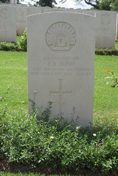 NX45881 - BUSH, Cyril Roy (Chimpy), Pte. - D Company, 16 Platoon
Kranji War Cemetery, Singapore, Grave 6.E.10

NX45881 PRIVATE
C.R. BUSH
2/30 INFANTRY BATTALION
11TH FEBRUARY 1942 AGE 24

ALWAYS IN OUR THOUGHTS

Keywords: 20120901a