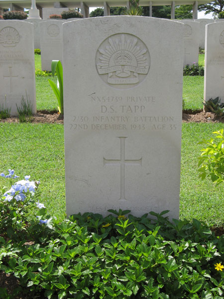NX54739 - TAPP, David Slader (Dave), Pte. - HQ Company, Mortar Platoon
Kranji War Cemetery, Singapore, Grave 2.C.8

NX54739 PRIVATE
D.S. TAPP
2/30 INFANTRY BATTALION
22ND DECEMBER 1943 AGE 35

“LEST WE FORGET”

Keywords: 20120901a