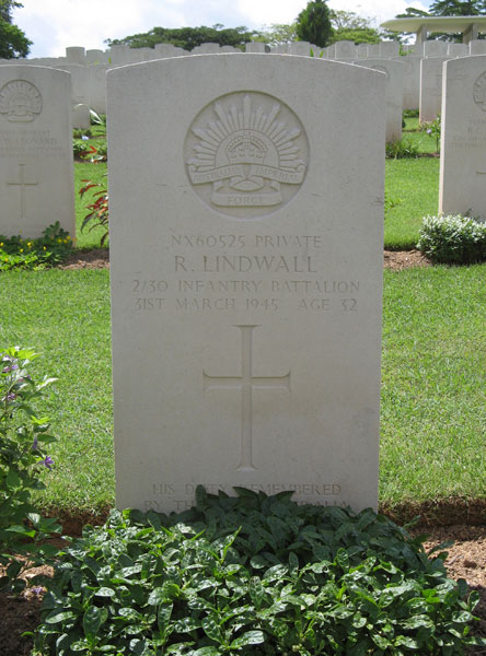 NX60525 - LINDWALL, Robert, Pte. - A Company, 8 Platoon
Kranji War Cemetery, Singapore, Grave 3.D.5

NX60525 PRIVATE
R. LINDWALL
2/30 INFANTRY BATTALION
31ST MARCH 1945 AGE 32

HIS DUTY REMEMBERED
BY THE …..AUSTRALIA

Keywords: 20120901a