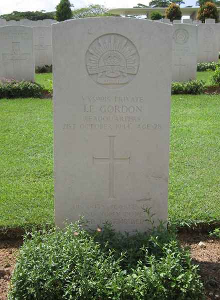 VX59915 - GORDON, James Edmund, Pte. - BHQ, D&P Platoon
Kranji War Cemetery, Singapore, Grave 3.E.15

VX59915 PRIVATE
J.E. GORDON
HEADQUARTERS
21ST OCTOBER 1944 AGE 28

HIS DUTY FEARLESSLY
AND NOBLY DONE
EVER REMEMBERED

Keywords: 20120901a