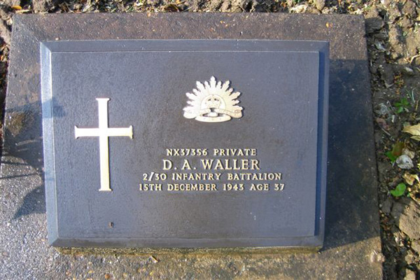 NX37356 - WALLER, David Arthur, Pte. - BHQ, D&P Platoon
Died of illness at Kanburi (Cardiac Beri Beri) on 15/12/1943.

Kanchanaburi Cemetery, Grave 1.C.7

NX37356 PRIVATE
D.A. WALLER
2/30 INFANTRY BATTALION
15TH DECEMBER 1943 AGE 37
Keywords: 080518b