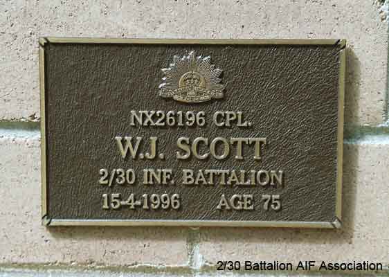NX26196 - SCOTT, Walter John, Pte. - A Company
View of the bronze plaque erected in the NSW Garden of Remembrance on Wall 63, Row F. The garden is adjacent to Sydney War Cemetery at the Rookwood Necropolis, and is maintained by The Office of Australian War Graves.

The plaques are provided by The Office of Australian War Graves to commemorate eligible veterans who have died post war and whose deaths are accepted as being caused by war service. This form of commemoration is used when there is a private memorial elesewhere, or for some reason, the Office is unable to provide an official memorial at the relevant Cemetery or Crematorium.
