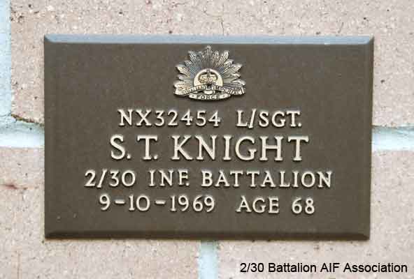 NX32454 - KNIGHT, Sydney Thomas, L/Sgt. - BHQ, RAP.
View of the bronze plaque erected in the NSW Garden of Remembrance on Wall 8, Row J. The garden is adjacent to Sydney War Cemetery at the Rookwood Necropolis, and is maintained by The Office of Australian War Graves.

The plaques are provided by The Office of Australian War Graves to commemorate eligible veterans who have died post war and whose deaths are accepted as being caused by war service. This form of commemoration is used when there is a private memorial elesewhere, or for some reason, the Office is unable to provide an official memorial at the relevant Cemetery or Crematorium.
