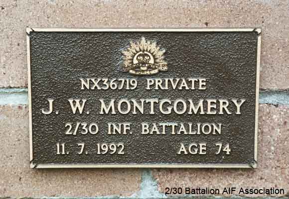 NX36719 - MONTGOMERY, James William (Monty), Pte. - BHQ, Band
View of the bronze plaque erected in the NSW Garden of Remembrance on Wall 22, Row C. The garden is adjacent to Sydney War Cemetery at the Rookwood Necropolis, and is maintained by The Office of Australian War Graves.

The plaques are provided by The Office of Australian War Graves to commemorate eligible veterans who have died post war and whose deaths are accepted as being caused by war service. This form of commemoration is used when there is a private memorial elesewhere, or for some reason, the Office is unable to provide an official memorial at the relevant Cemetery or Crematorium.
